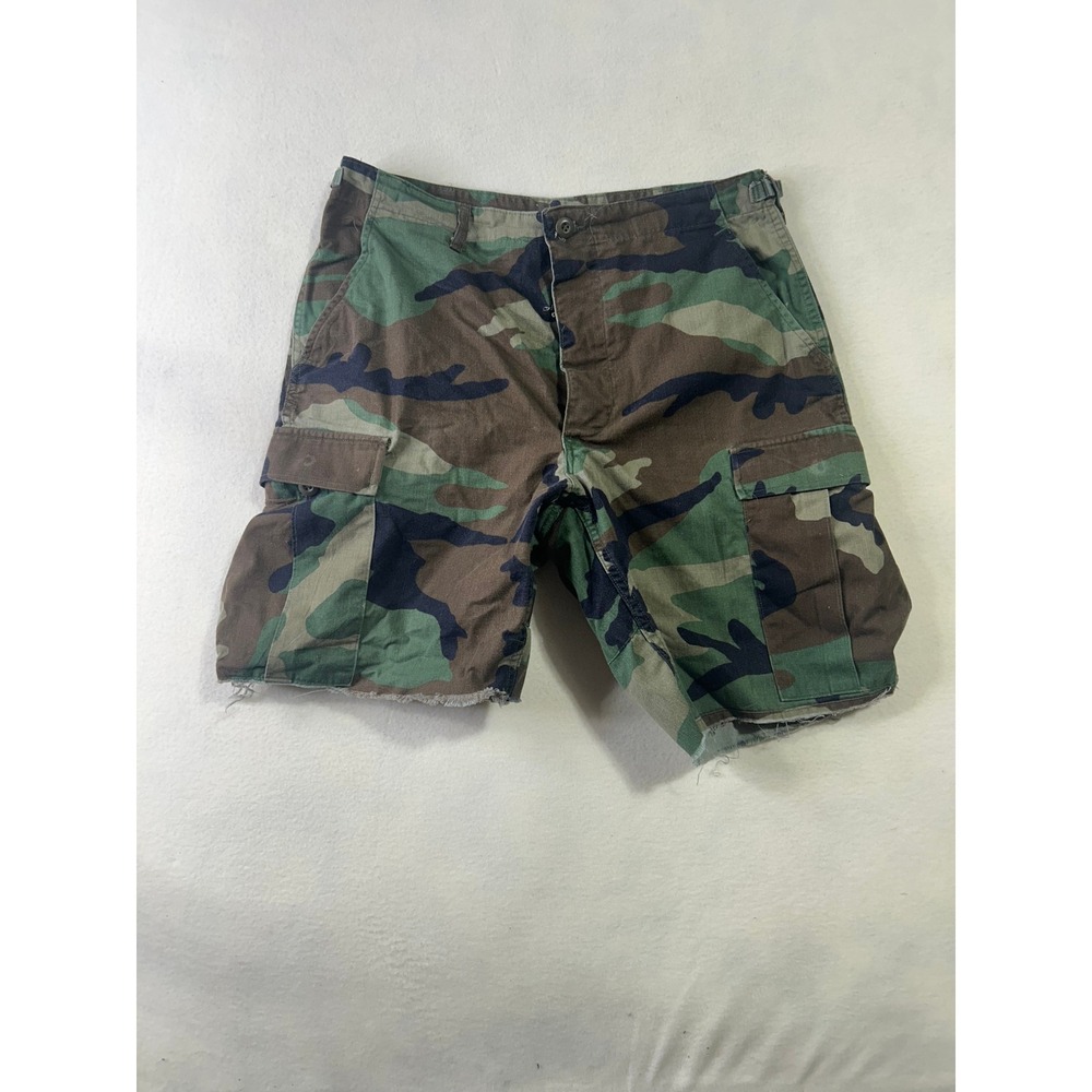 Vintage Woodland Camo Cargo Shorts Mens Distressed Raw Hem Military Tactical